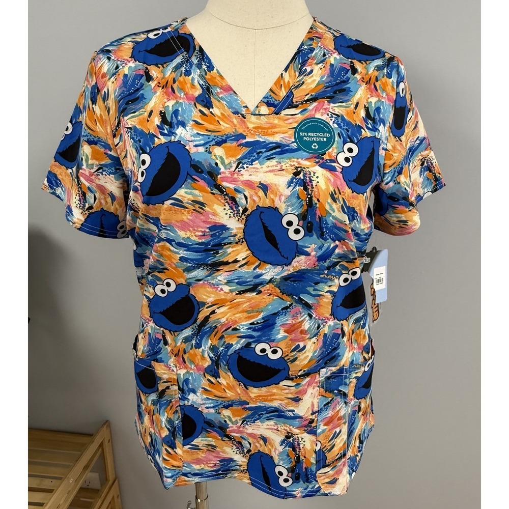 NWT Cookie Monster Cherokee Tooniforms Scrub Top S Sesame Street Scrubs Uniform